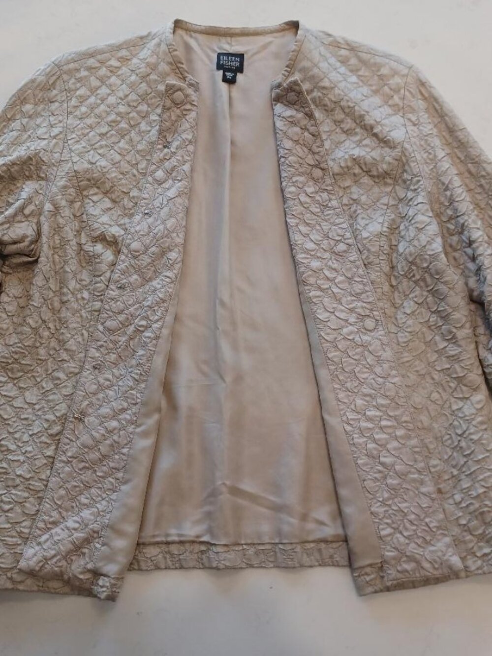 Eileen Fisher Soft Tan Color Quilted Silk Jacket Textured Diamond Pattern PL